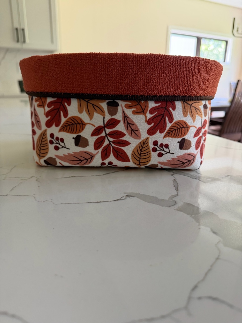 Fabric Storage Basket with Rust Top and Autumn Leaf Print